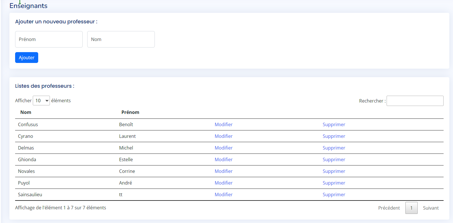 Gestion des professeurs, des matières et des élèves