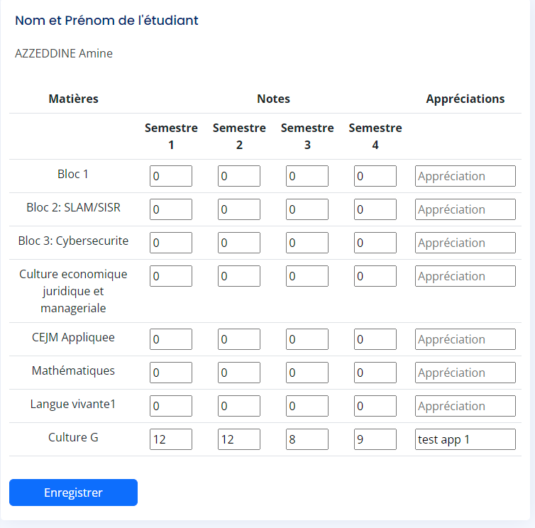 Gestion des professeurs, des matières et des élèves